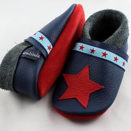Krabbelschuhe aus Leder blau / roter  großer Stern